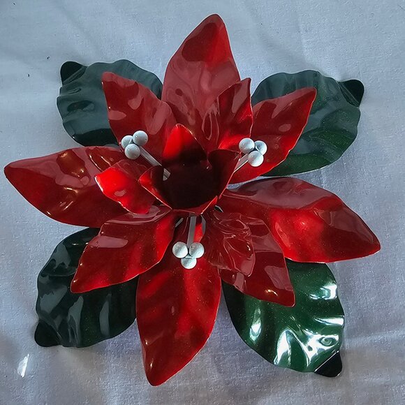 Vtg DEPT 56 3.25" H x 7" Poinsettia Candle Holder Enameled Red & Green Leaves - Picture 1 of 5